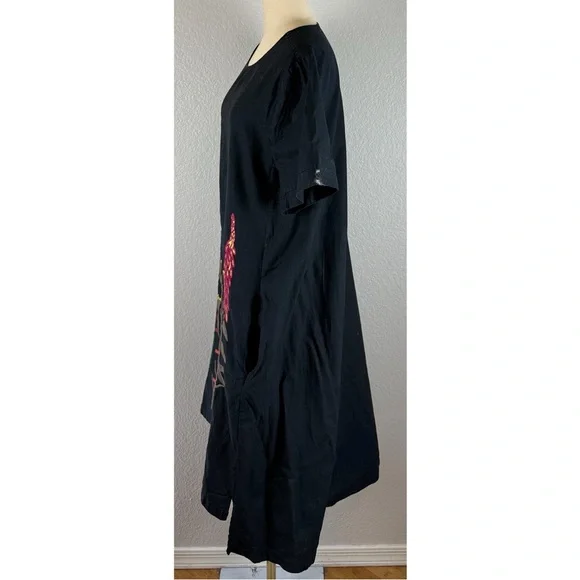 Black Floral Embroidered Tunic Oversized Midi Dress Cotton Linen‎ Lagonlook XL - Picture 2 of 14
